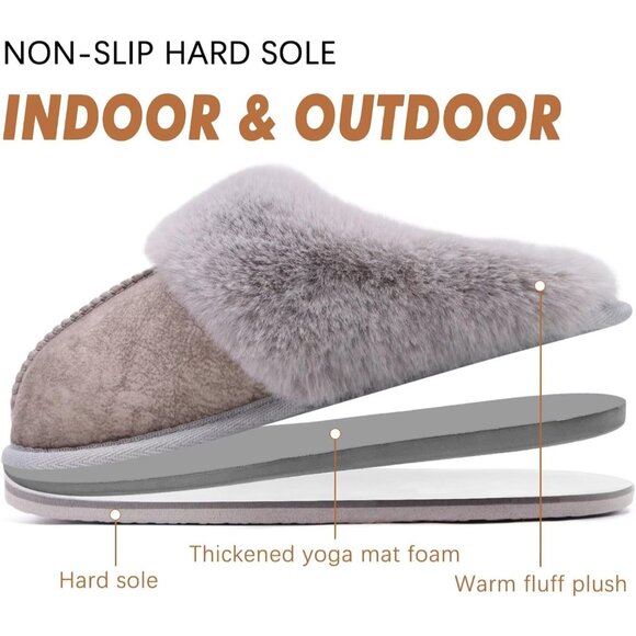 ⚡Women Grey Suede Fluff Dual Memory Foam Arch Support Warm Scuff Slipper - Picture 6 of 7